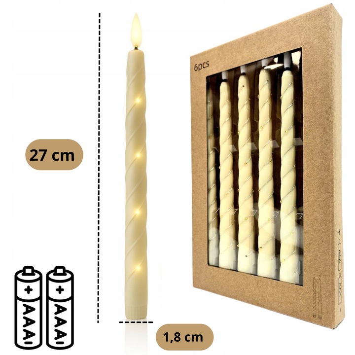 Świece stożkowe LED bezpłomieniowe stożkowe 27 cm na baterie 6 sztuk