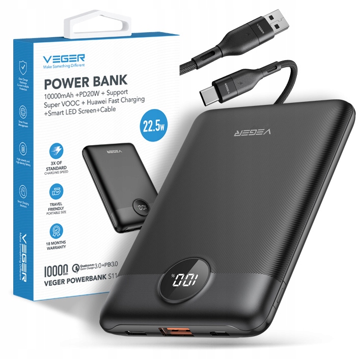Powerbank VEGER S11 mały lekki 10000mAh 22,5W LCD QC PD20W USB USB-C +kabel