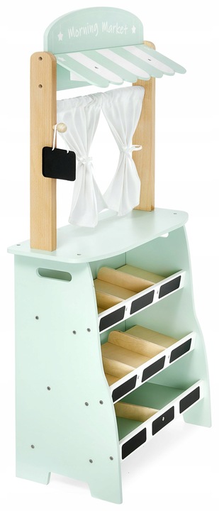 Duży drewniany sklep stragan teatr waga terminal płatniczy warzywa i owoce