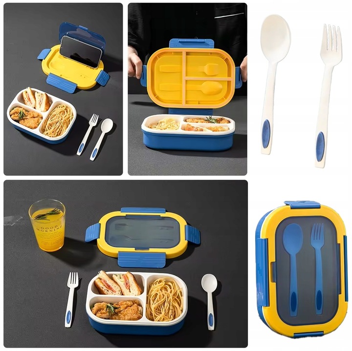ŚNIADANIÓWKA LUNCHBOX 3 PRZEGRÓDKI SZTUĆCE LUNCH BOX POJEMNIK ŚNIADANIE