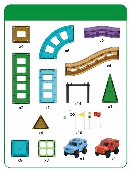KLOCKI MAGNETYCZNE DLA DZIECI EDUKACYJNE PANELE KOLEJKA TOR + 2 AUTKA 59 EL