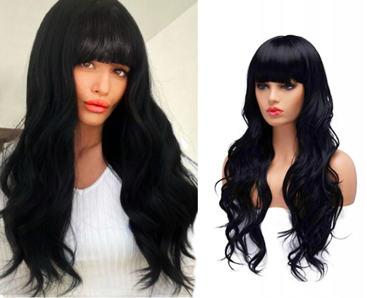 PERUKA DAMSKA WŁOSY DŁUGIE CZARNE FALE SZTUCZNE SYNTETYCZNE 65 CM Z GRZYWKĄ