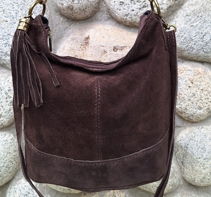 Vera Pelle Torebka Listonoszka SKÓRA NATURALNA ZAMSZ Worek CZEKOLADA