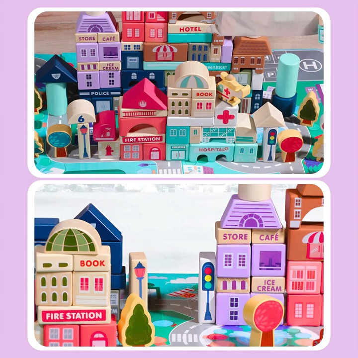 DREWNIANE KLOCKI ZESTAW DROGA MIASTO AUTA 115 ELEMENTÓW MATA PUZZLE