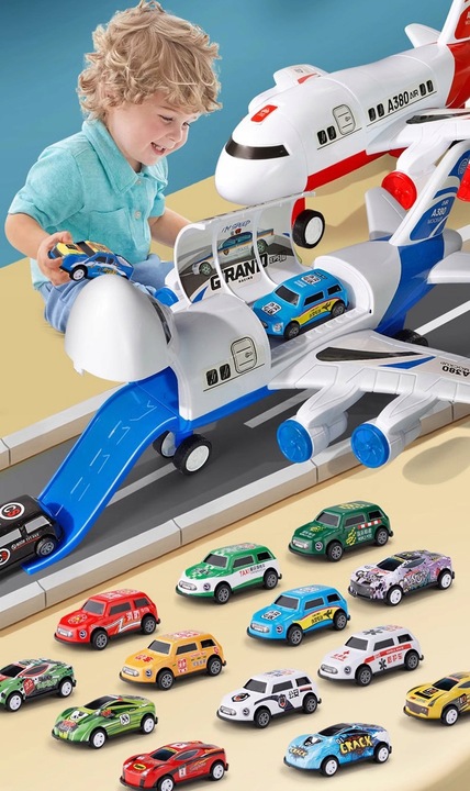 SAMOLOT Z 18 SAMOCHODAMI dla dzieci zabawki o tematyce policyjnej
