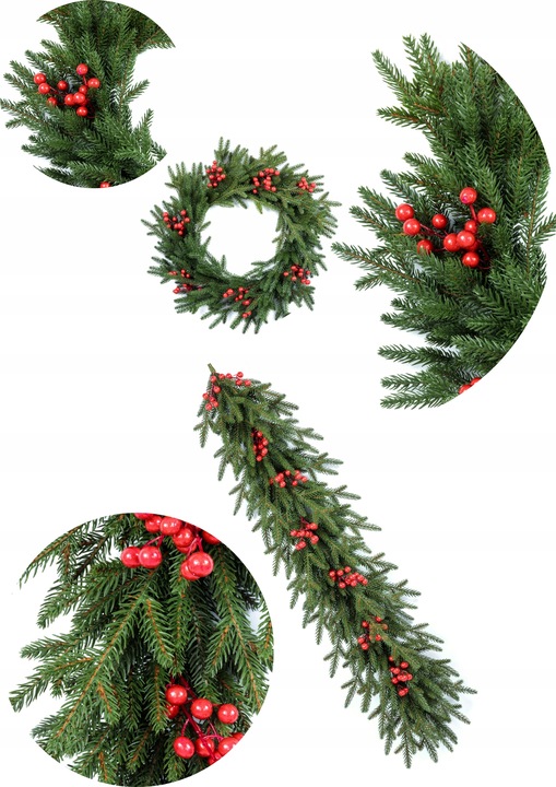 Wianek Świąteczny Świerk NATURA z JARZĘBINĄ 3D 100%PE 60 cm KOMINEK drzwi