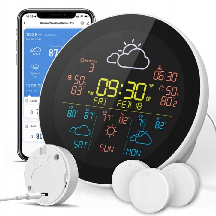 STACJA POGODY POGODOWA WIFI METEOROLOGICZNA TUYA ZEGAR 3 CZUJNIKI PROGNOZA