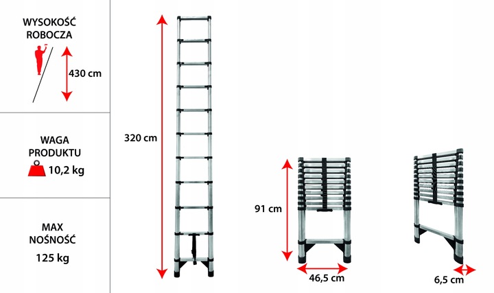 Drabina teleskopowa 11 stopni przystawna składana antypoślizgowa 3,2 m