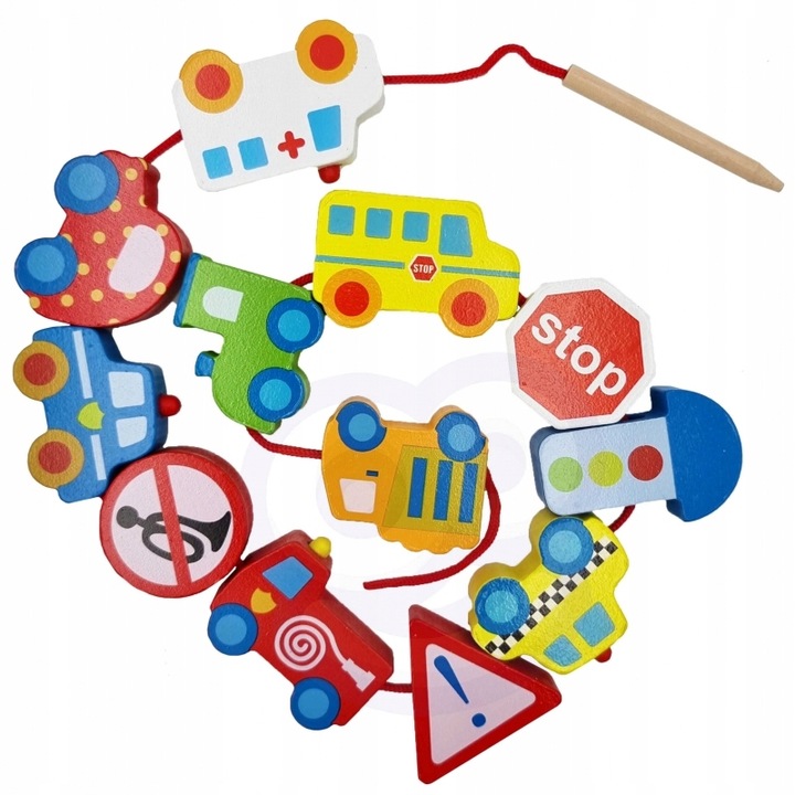 Drewniane Klocki do Nawlekania Pojazdy auta 13 el.