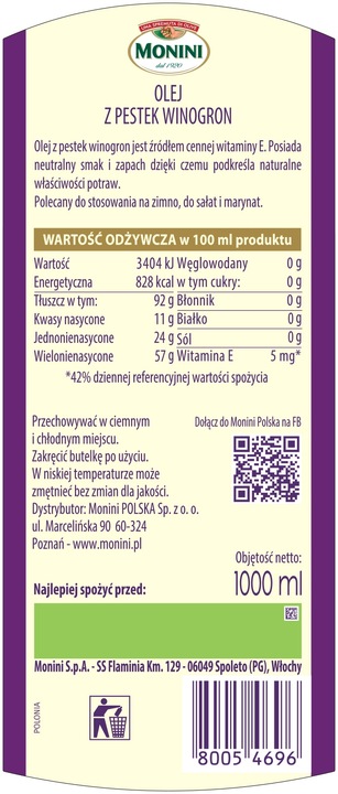 Monini Olej z pestek winogron rafinowany 1000 ml