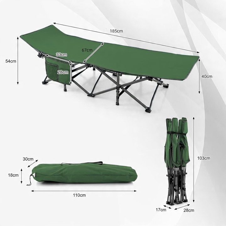 Łóżko polowe składane z ściętym zagłówkiem i kieszenią zielone