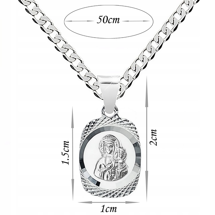 Medalik srebrny i łańcuszek Matka Boska próba 925 na Komunię Chrzest 50 cm