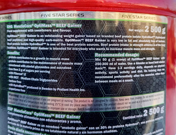 Gainer bez Cukru 5kg OptiMass Beef BCAA Glutamina Węglowodany Beef Protein