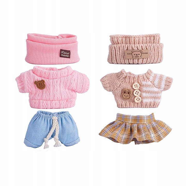 Trzy ręcznie robione zestawy swetrów dla lalek (15-17 cm)