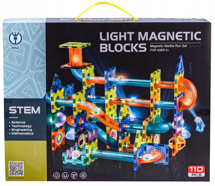 KLOCKI MAGNETYCZNE ŚWIECĄCY TOR KULKOWY ZJAZD dla kulek 110el duży zestaw