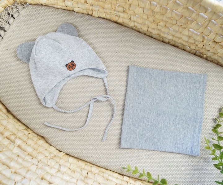 Szary komplet PANDUSIA czapka + komin r. 46-48 wiązany bawełna prążki