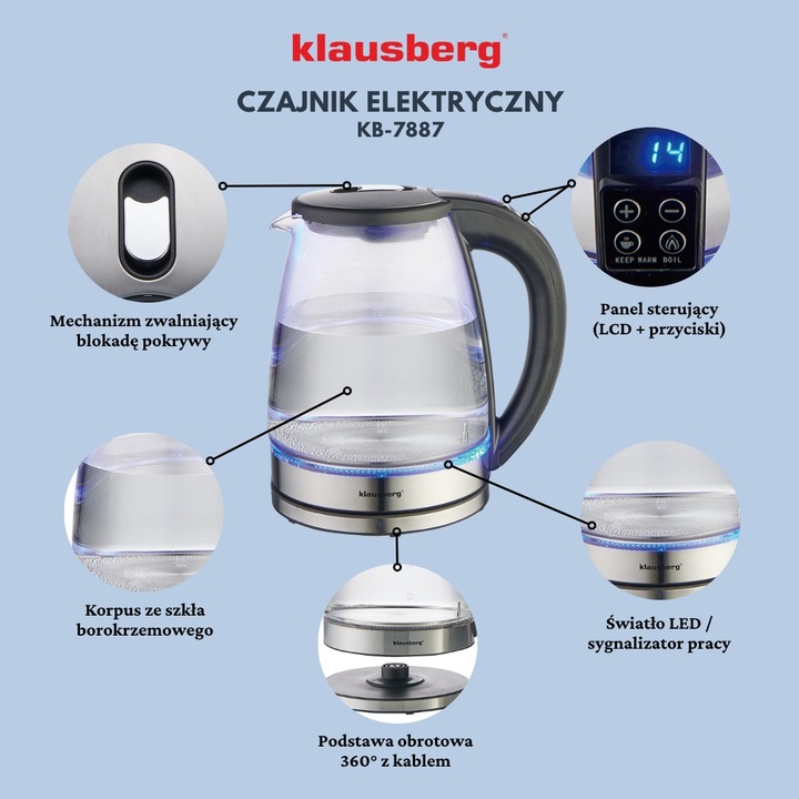 Czajnik elektryczny szklany Regulacja Temp. Klausberg KB-7887 1.8L LED LCD