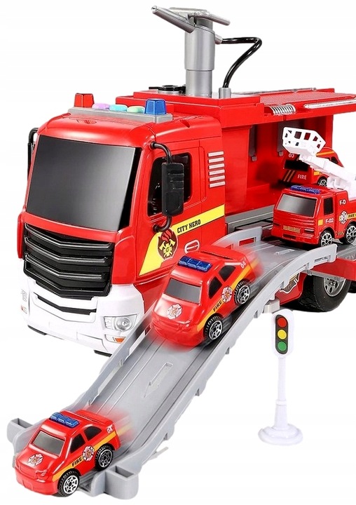 DUŻY WÓZ STRAŻACKI NA WODĘ STRAŻ POŻARNA zjeżdżalnia 4 auta ŚWIATŁO DŻWIĘK