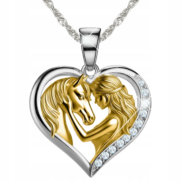 Naszyjnik Srebrny Serce Dziewczynka z Koniem Złoty Koń Cyrkonie SREBRO 925