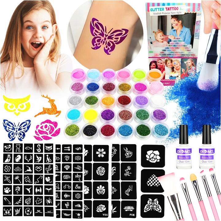 ZESTAW DO ROBIENIA TATUAŻY DUŻY SZABLONY TATUAŻE BROKATOWE ZMYWALNE BROKATY