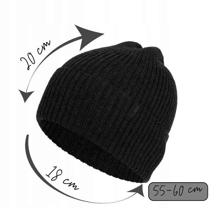 Czapka zimowa męska ciepła klasyczna CZARNA wełna MERINO na zimę 55-60