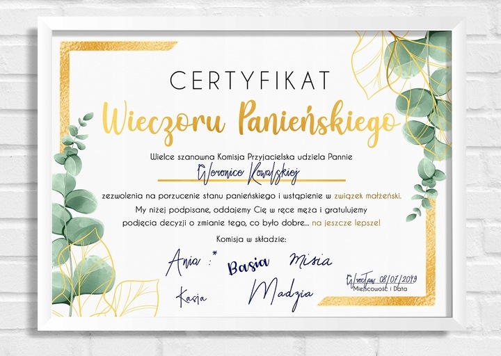 CERTYFIKAT NA WIECZÓR PANIEŃSKI A4 Boho A4