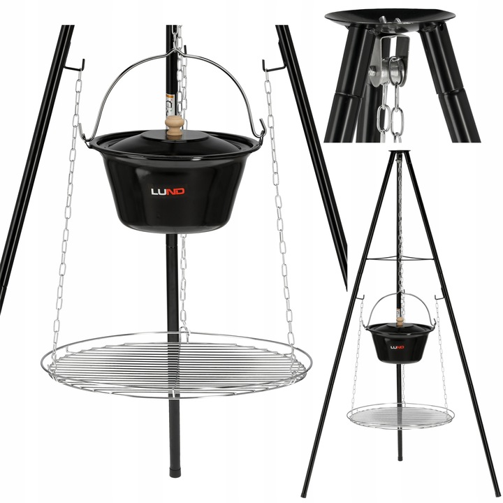 GRILL WISZĄCY WĘGLOWY NA TRÓJNOGU 49CM Z MISĄ KOCIOŁKIEM RUSZT STALOWY LUND