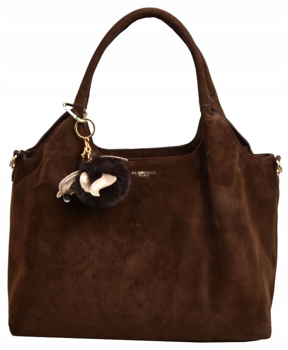 Torebka Flora&Co czekoladowa SHOPPER eco zamsz z brelokiem pompon