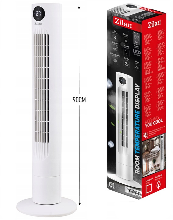 WENTYLATOR KOLUMNOWY XL 60W BIAŁY CICHY PANEL LED PILOT OSCYLACJA TERMOMETR