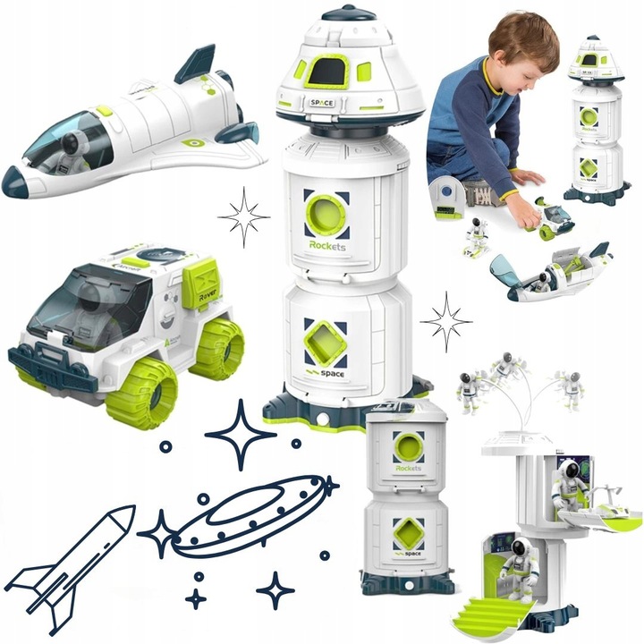 Zestaw Stacja Kosmiczna Wahadłowiec Łazik Figurki Astronautów dla dzieci 3+