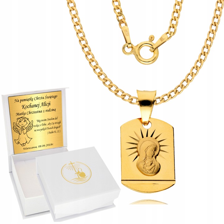 Łańcuszek Złoty 925 Medalik Chrzest Komunia Grawer