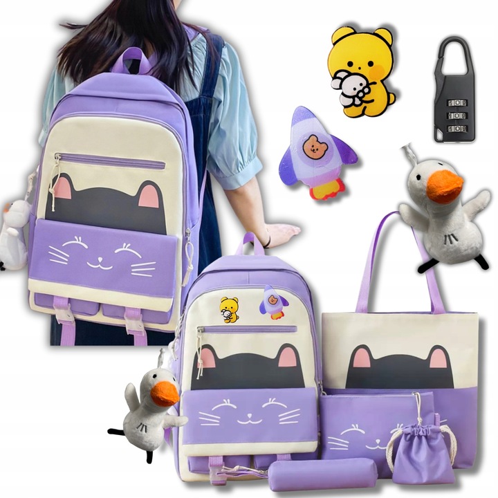 PLECAK SZKOLNY KOT KOTEK DLA DZIEWCZYNKI Z KOTKIEM PIÓRNIK + TOREBKA 5w1