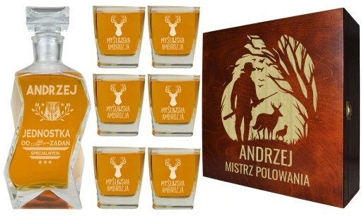 KARAFKA + 6 SZKLANEK DO WHISKY W PUDEŁKU Z GRAWEREM PREZENT DLA MYŚLIWEGO