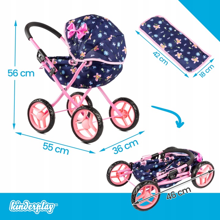 KINDERPLAY WÓZEK DLA LALEK GŁĘBOKI GONDOLA SKŁADANY DASZEK MIĘKKIE KOŁA