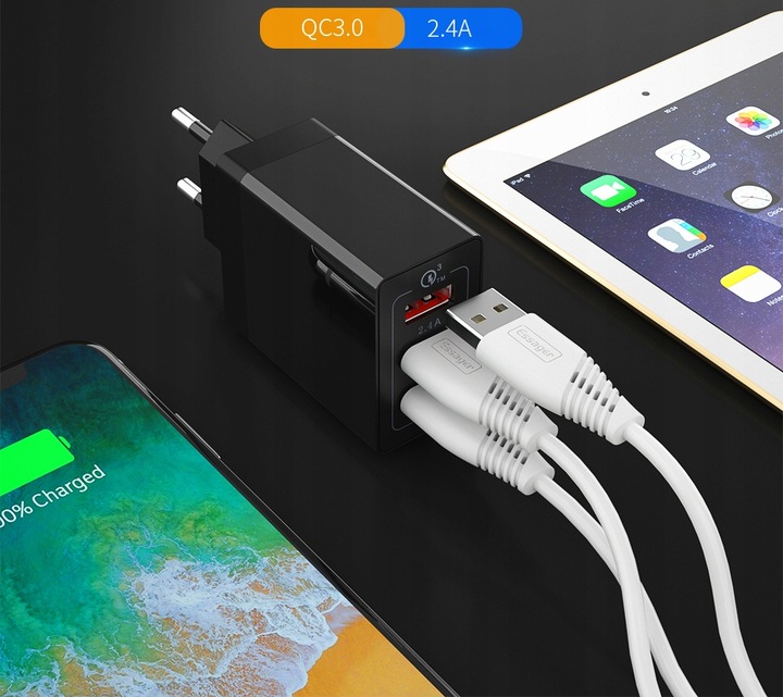 Szybka ładowarka sieciowa zasilacz 3x USB 30W QC3