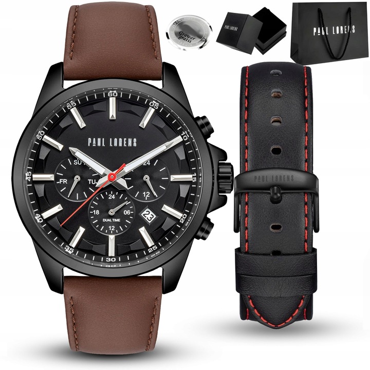 Zegarek męski Paul Lorens MAKALU skórzany pasek brązowy datownik - 2 PASKI