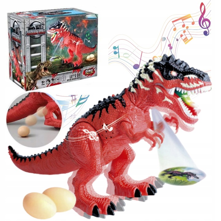 DUŻY DINOZAUR T-REX Z PROJEKTOREM Chodzi Ryczy ZNOSI JAJA Czerwony