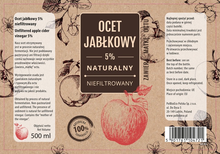 4x Ocet Jabłkowy Niefiltrowany Żywy z Matką Octową 4x 500ml Naturo