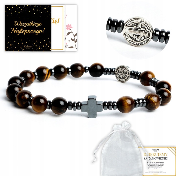 BRANSOLETKA Z KRZYŻEM RÓŻANIEC MĘSKA ŚW. BENEDYKT TYGRYSIE OKO HEMATYT