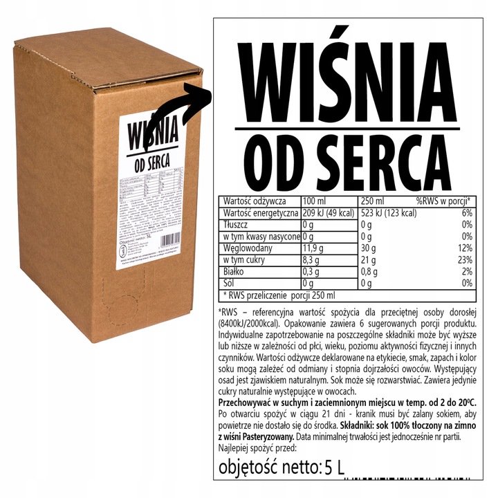 sok wiśnia wiśniowy 100% 4x5L z wiśni tłoczony bez cukru do herbaty wiśnia