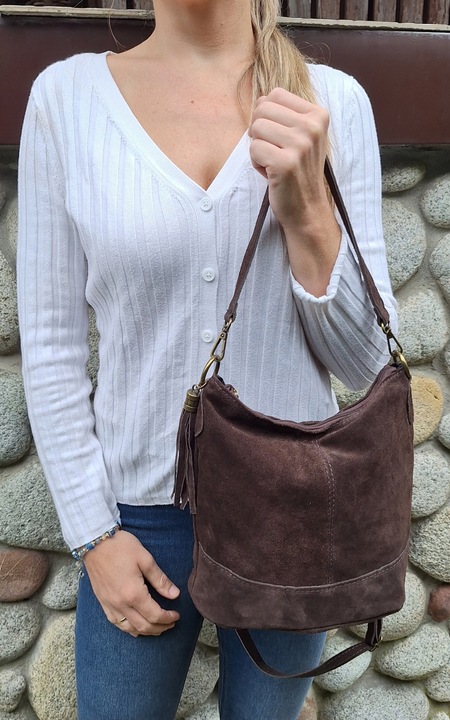 Vera Pelle Torebka Listonoszka SKÓRA NATURALNA ZAMSZ Worek CZEKOLADA