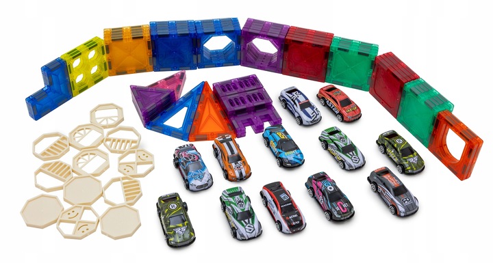 Klocki magnetyczne konstrukcyjne ZESTAW XXL 82 el. tor samochodowy 12 AUT