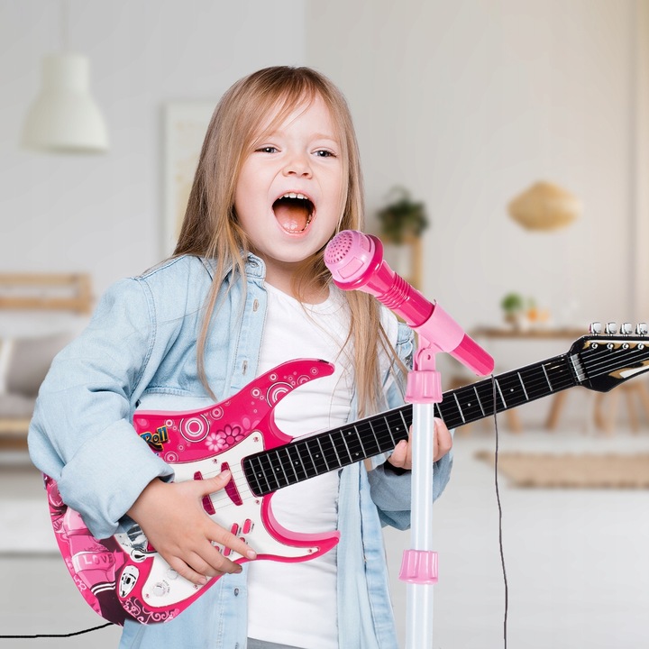 GITARA ELEKTRYCZNA DUŻA DLA DZIECI Z MIKROFONEM WZMACNIACZ STATYW RÓŻOWA