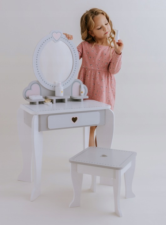 Drewniana toaletka dla dziewczynki z krzesełkiem lustro akcesoria szuflada