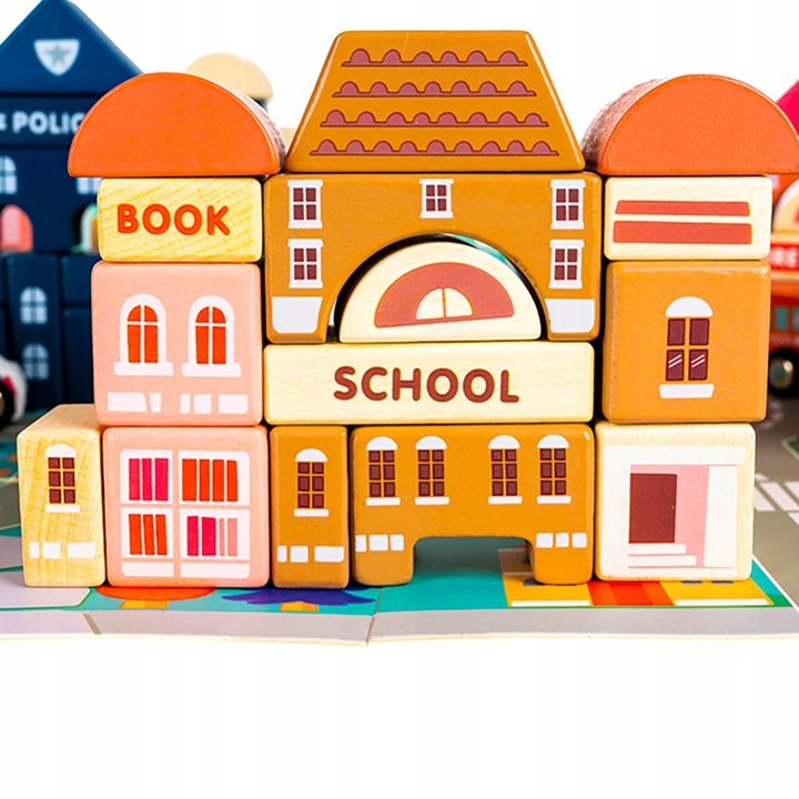 Klocki Miasto Drewniane Auta Zestaw + Puzzle Mata 115 Klocków Edukacyjne