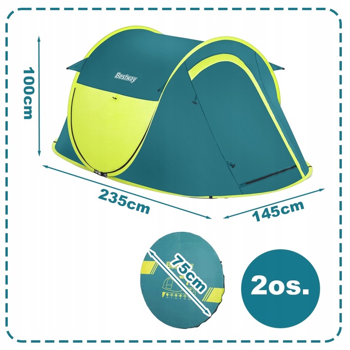 Namiot Turystyczny Kempingowy 2 Osobowy 223x145 Pop-UP Torba Bestway 68086