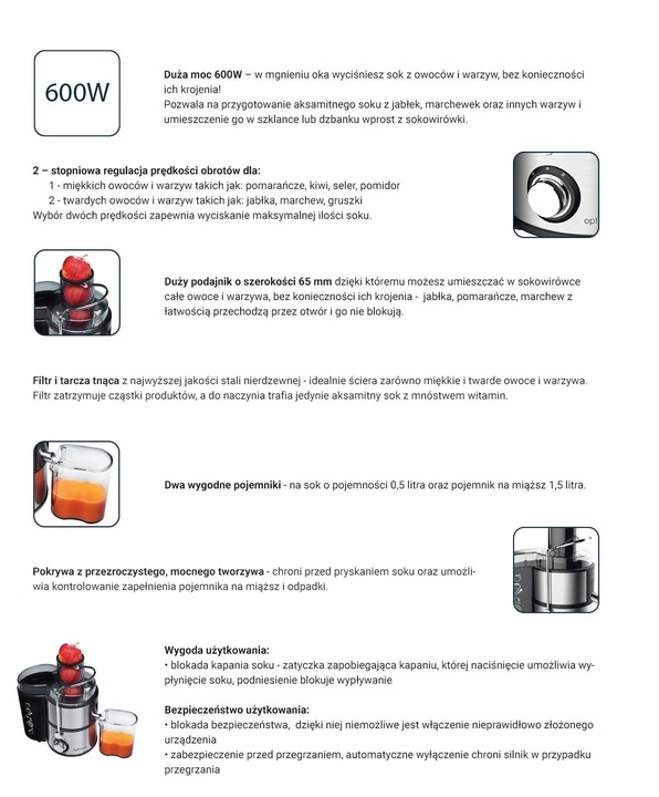 Sokowirówka Optimum RK-0660 WYCISKARKA srebrny/szary 600 W