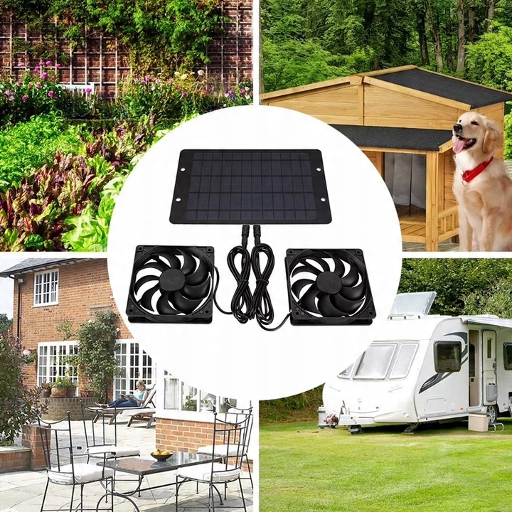 ZEWNĘTRZNY PANEL SOLARNY WENTYLATOR 10W PODWÓJNY WYDECH DO SZKLARNI KURNIKA