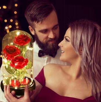 WIECZNA RÓŻA W SZKLE ŚWIATEŁKA LED TRZY RÓŻE walentynki prezent
