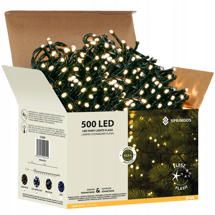 LAMPKI CHOINKOWE ZEWNĘTRZNE + FLASH 40m CIEPŁY BIAŁY IP44 ŚWIATEŁKA 500 LED